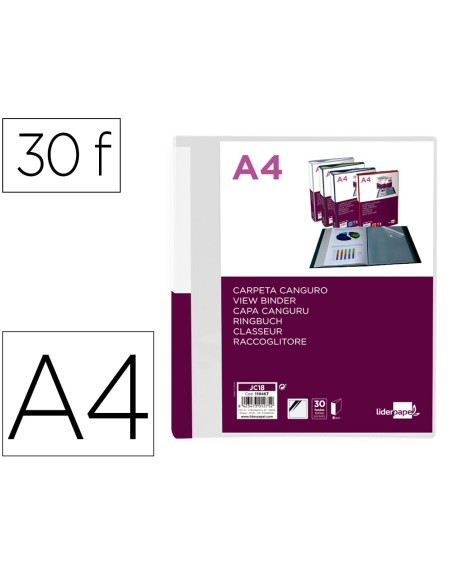 Carpeta liderpapel 30 fundas canguro pp din a4 transparenteportada y lomo personalizable