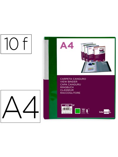 Carpeta liderpapel 10 fundas canguro pp din a4 verde translucido portada y lomo personalizable