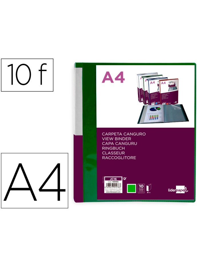 Carpeta liderpapel 10 fundas canguro pp din a4 verde translucido portada y lomo personalizable Carpeta liderpapel 10 fundas canguro pp din a4 verde translucido portada y lomo personalizable
