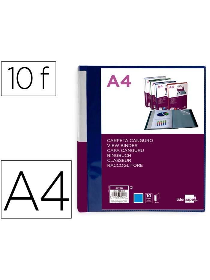 Carpeta liderpapel 10 fundas canguro pp din a4 azul translucido portada y lomo personalizable Carpeta liderpapel 10 fundas canguro pp din a4 azul translucido portada y lomo personalizable