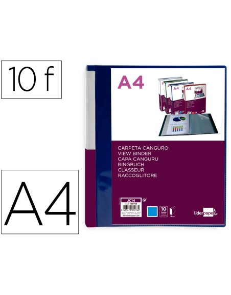 Carpeta liderpapel 10 fundas canguro pp din a4 azul translucido portada y lomo personalizable