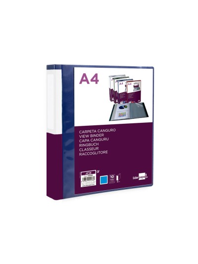 Carpeta liderpapel 10 fundas canguro pp din a4 azul translucido portada y lomo personalizable