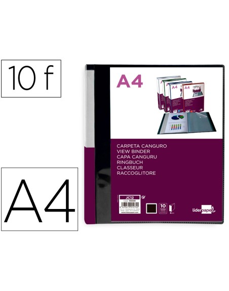 Carpeta liderpapel 10 fundas canguro pp din a4 negro opaco portada y lomo personalizable