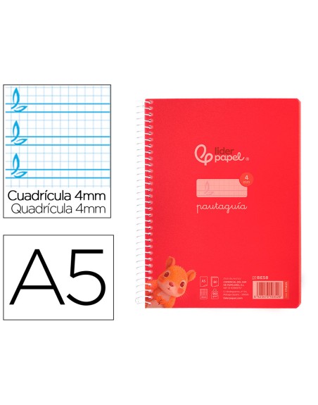 Cuaderno espiral liderpapel din a5 pautaguia tapa plastico 80h 90gr cuadro pautado 4mm con margen color rojo