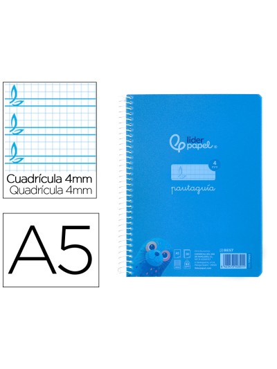 Cuaderno espiral liderpapel din a5 pautaguia tapa plastico 80h 90gr cuadro pautado 4mm con margen color azul