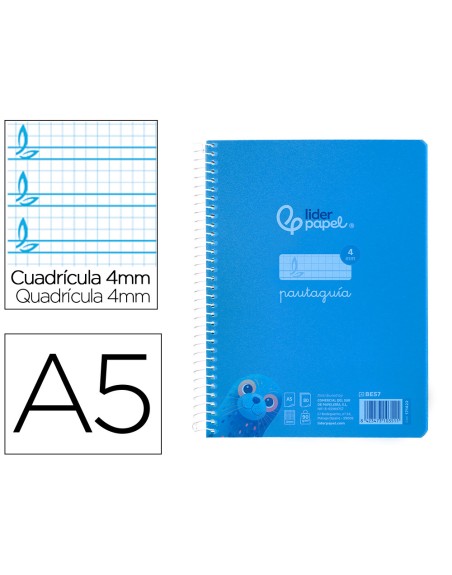 Cuaderno espiral liderpapel din a5 pautaguia tapa plastico 80h 90gr cuadro pautado 4mm con margen color azul
