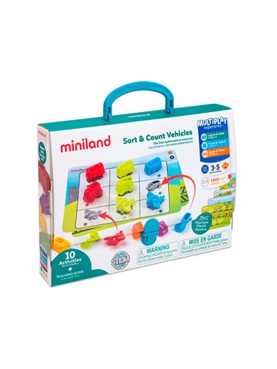 Juego miniland 36 vehiculos y 5 fichas de actividad a doble cara para logica matematica 310x70x531 mm