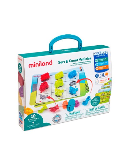 Juego miniland 36 vehiculos y 5 fichas de actividad a doble cara para logica matematica 310x70x531 mm