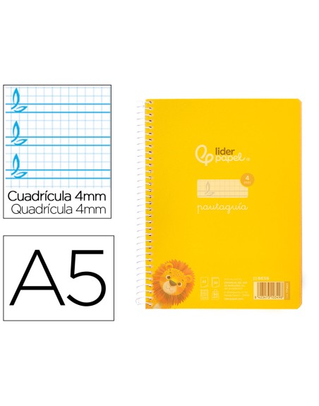 Cuaderno espiral liderpapel din a5 pautaguia tapa plastico 80h 90gr cuadro pautado 4mm con margen color amarillo