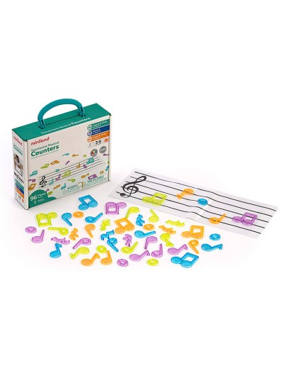 Juego miniland set de contadores translucidos contenido 96 notas musicales y 1 pentagrama transparente