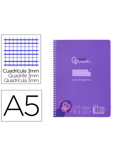 Cuaderno espiral liderpapel din a5 pautaguia tapa plastico 80h 90gr cuadro pautado 3 mm con margen color lila
