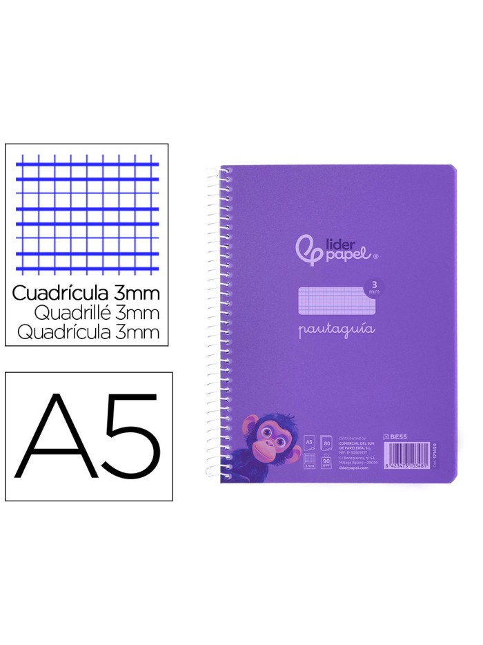 Cuaderno espiral liderpapel din a5 pautaguia tapa plastico 80h 90gr cuadro pautado 3 mm con margen color lila