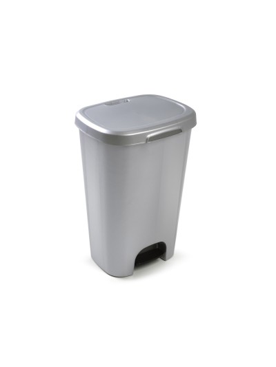 Papelera contenedor plasticforte plastico con tapadera y pedal 50 litros color plata 410x360x635 mm