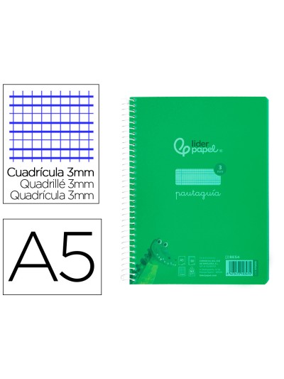 Cuaderno espiral liderpapel din a5 pautaguia tapa plastico 80h 90gr cuadro pautado 3 mm con margen color verde