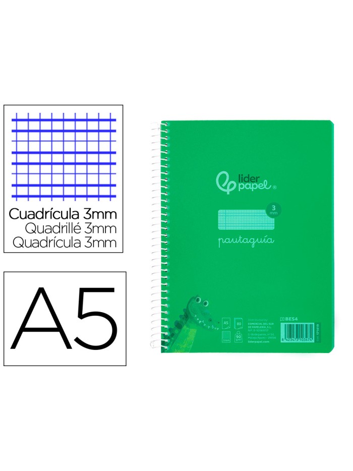 Cuaderno espiral liderpapel din a5 pautaguia tapa plastico 80h 90gr cuadro pautado 3 mm con margen color verde Cuaderno espiral liderpapel din a5 pautaguia tapa plastico 80h 90gr cuadro pautado 3 mm con margen color verde