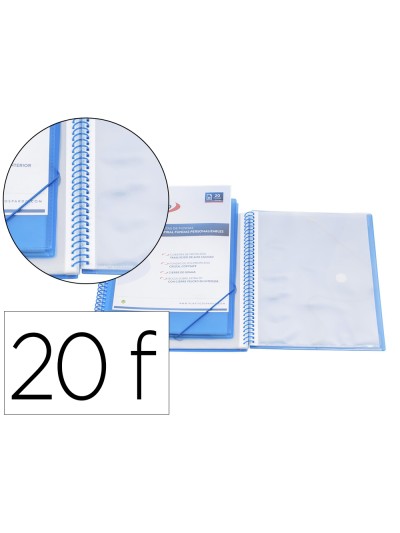 Carpeta pardo escaparate con espiral 20 fundas polipropileno con gomas personalizable color azul