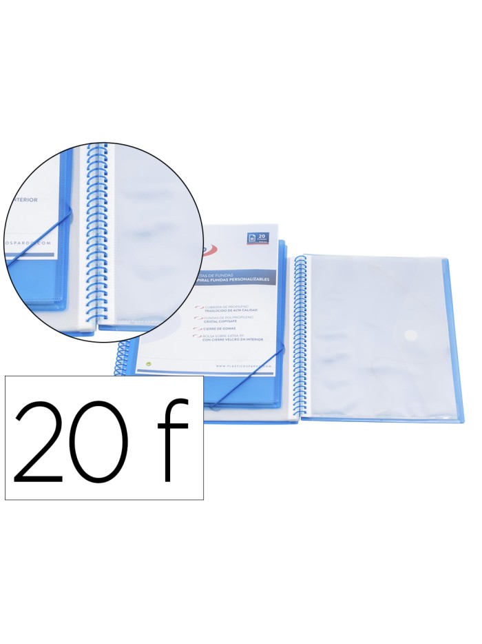 Carpeta pardo escaparate con espiral 20 fundas polipropileno con gomas personalizable color azul Carpeta pardo escaparate con espiral 20 fundas polipropileno con gomas personalizable color azul