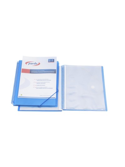 Carpeta pardo escaparate con espiral 20 fundas polipropileno con gomas personalizable color azul