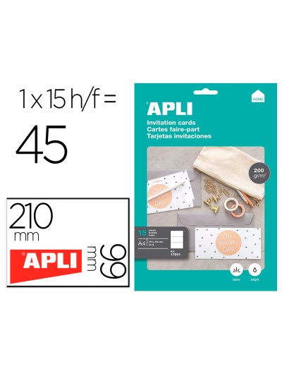 Tarjeta de visita apli invitacion hogar 210x99 mm 200 gr blanca bolsa de 15 hojas din a4
