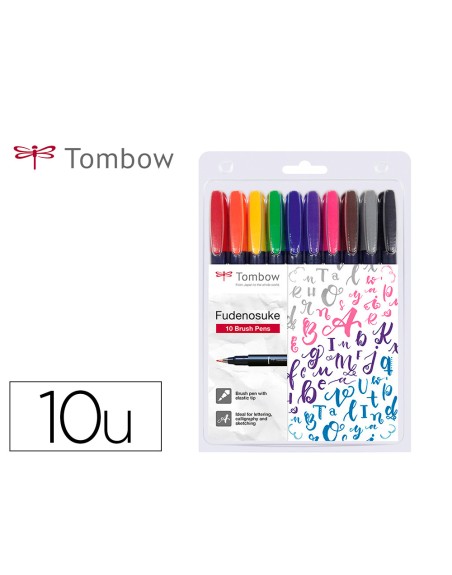 Rotulador tombow fudenosuke tinta base de agua punta pincel dura estuche de 10 unidades colores surtidos