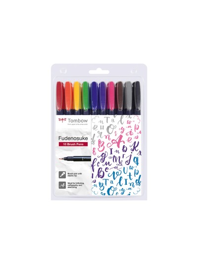 Rotulador tombow fudenosuke tinta base de agua punta pincel dura estuche de 10 unidades colores surtidos