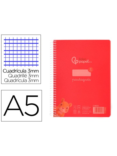 Cuaderno espiral liderpapel din a5 pautaguia tapa plastico 80h 90gr cuadro pautado 3 mm con margen color rojo