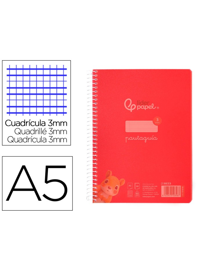 Cuaderno espiral liderpapel din a5 pautaguia tapa plastico 80h 90gr cuadro pautado 3 mm con margen color rojo Cuaderno espiral liderpapel din a5 pautaguia tapa plastico 80h 90gr cuadro pautado 3 mm con margen color rojo