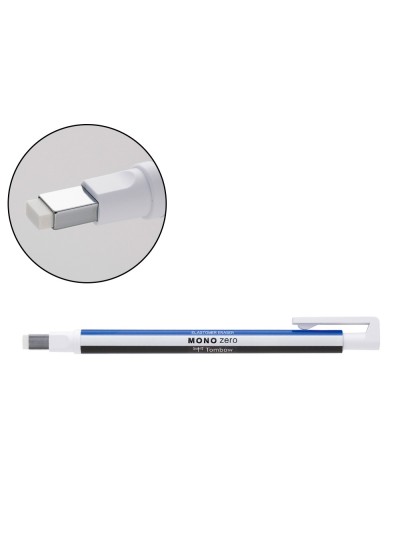 Portagomas tombow mono zero con clip goma rectangular 2,5 x 5 mm color blanco azul y negro