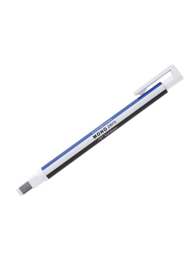 Portagomas tombow mono zero con clip goma rectangular 2,5 x 5 mm color blanco azul y negro