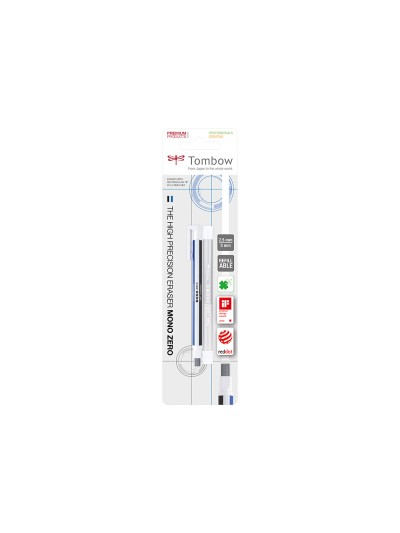 Portagomas tombow mono zero con clip goma rectangular 2,5 x 5 mm color blanco azul y negro