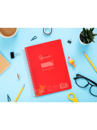 Cuaderno espiral liderpapel din a5 pautaguia tapa plastico 80h 90gr cuadro pautado 3 mm con margen color rojo