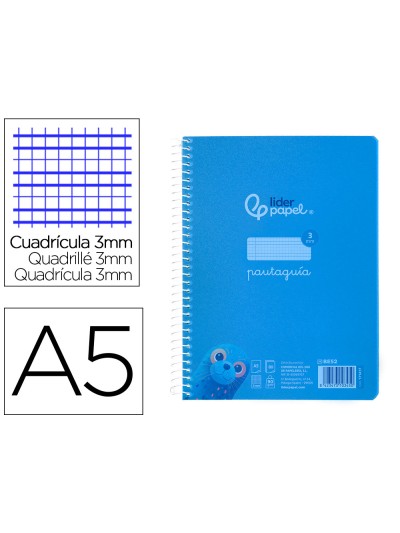 Cuaderno espiral liderpapel din a5 pautaguia tapa plastico 80h 90gr cuadro pautado 3 mm con margen color azul