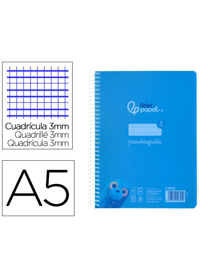Cuaderno espiral liderpapel din a5 pautaguia tapa plastico 80h 90gr cuadro pautado 3 mm con margen color azul Cuaderno espiral liderpapel din a5 pautaguia tapa plastico 80h 90gr cuadro pautado 3 mm con margen color azul