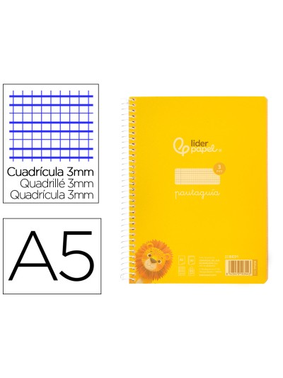 Cuaderno espiral liderpapel din a5 pautaguia tapa plastico 80h 90gr cuadro pautado 3 mm con margen color amarillo
