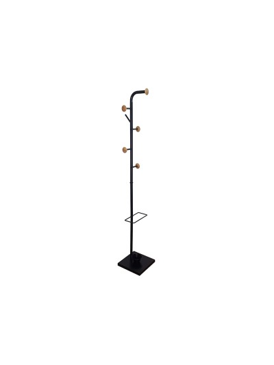 Perchero metalico q-connect negro con detalles de madera 6 colgadores y paraguero 174x28,5 cm