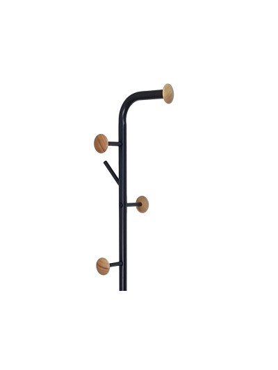 Perchero metalico q-connect negro con detalles de madera 6 colgadores y paraguero 174x28,5 cm
