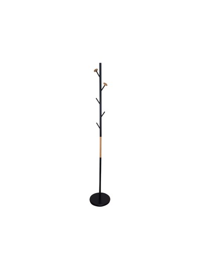Perchero metalico q-connect negro con detalles de madera 5 colgadores 177x28,5 cm