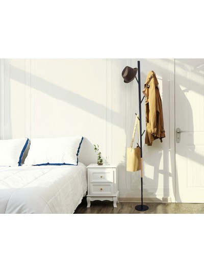 Perchero metalico q-connect negro con detalles de madera 5 colgadores 177x28,5 cm