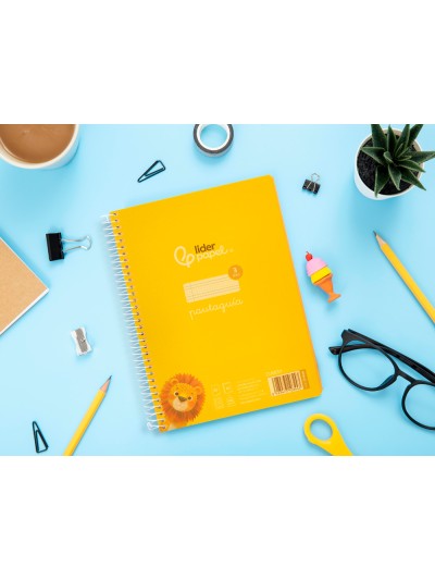 Cuaderno espiral liderpapel din a5 pautaguia tapa plastico 80h 90gr cuadro pautado 3 mm con margen color amarillo