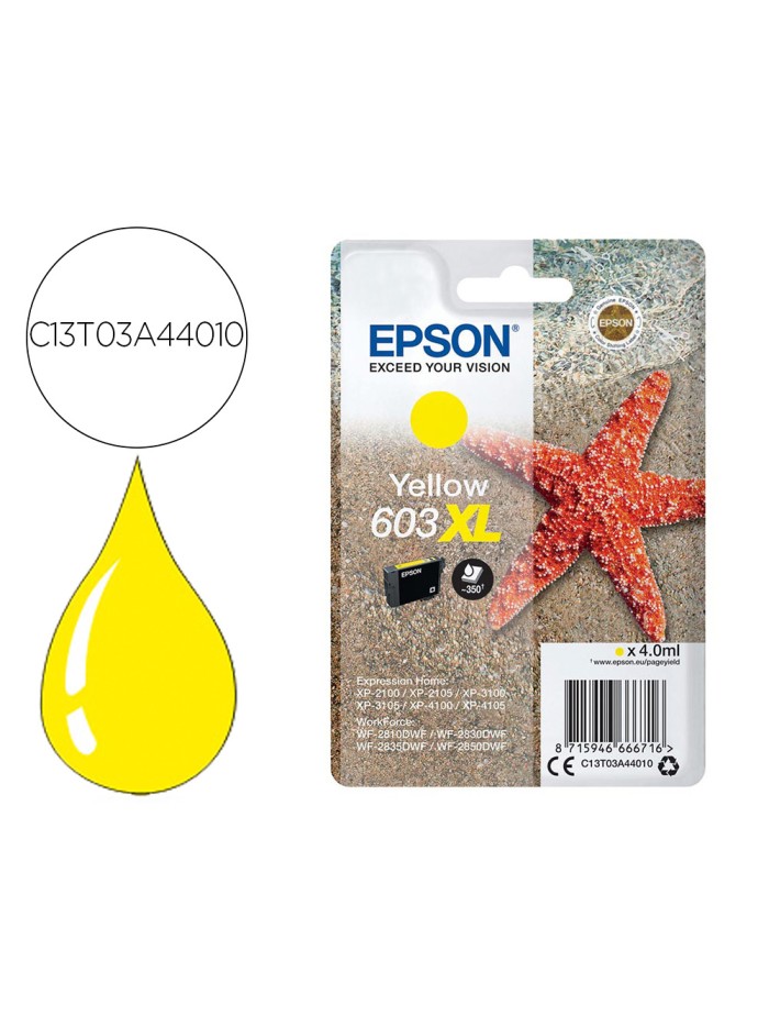 Ink-jet epson 603xl xp-2100 / 2105 / 3100 / 4100 / wf-2810 / 2830 / 2835 / 2850 amarillo 350 paginas Ink-jet epson 603xl xp-2100 / 2105 / 3100 / 4100 / wf-2810 / 2830 / 2835 / 2850 amarillo 350 paginas