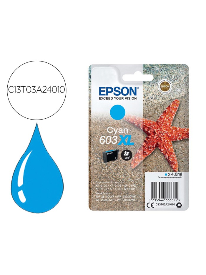 Ink-jet epson 603xl xp-2100 / 2105 / 3100 / 4100 / wf-2810 / 2830 / 2835 / 2850 cian 350 paginas Ink-jet epson 603xl xp-2100 / 2105 / 3100 / 4100 / wf-2810 / 2830 / 2835 / 2850 cian 350 paginas