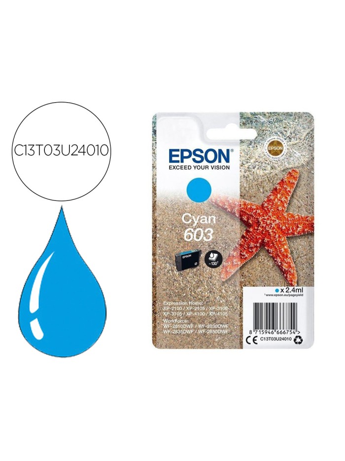 Ink-jet epson 603 xp-2100 / 2105 / 3100 / 4100 / wf-2810 / 2830 / 2835 / 2850 cian 130 paginas Ink-jet epson 603 xp-2100 / 2105 / 3100 / 4100 / wf-2810 / 2830 / 2835 / 2850 cian 130 paginas