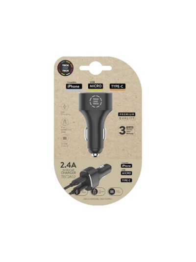 Cargador tech one tech 2.4 coche mechero doble para iphone / usb micro / type-c color negro