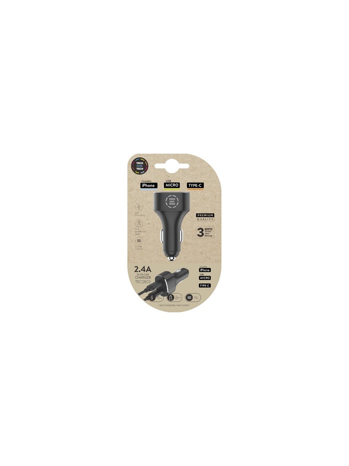 Cargador tech one tech 2.4 coche mechero doble para iphone / usb micro / type-c color negro Cargador tech one tech 2.4 coche mechero doble para iphone / usb micro / type-c color negro