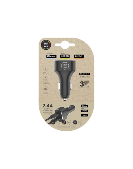 Cargador tech one tech 2.4 coche mechero doble para iphone / usb micro / type-c color negro