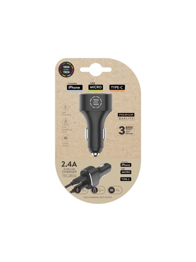 Cargador tech one tech 2.4 coche mechero doble para iphone / usb micro / type-c color negro