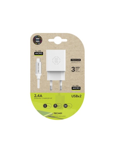 Cargador tech one tech 2.4 doble usb + cable braided nylon micro usb android longitud 1 mt color blanco
