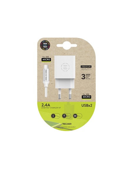 Cargador tech one tech 2.4 doble usb + cable braided nylon micro usb android longitud 1 mt color blanco