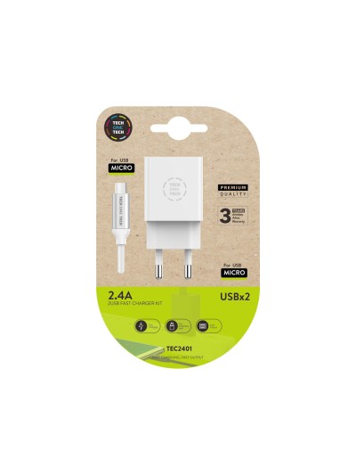 Cargador tech one tech 2.4 doble usb + cable braided nylon micro usb android longitud 1 mt color blanco