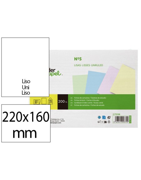 Tarjeta liderpapel para estudiar lisa cartulina de colores 170 gr/m2 160x220mm paquete de 200 unidades